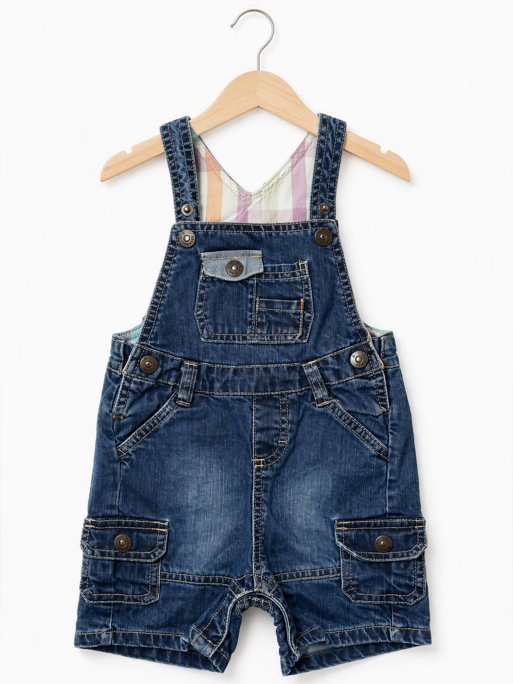 Vintage Krickets Baby Pastel Plaid Denim Cargo Shortalls 24M
